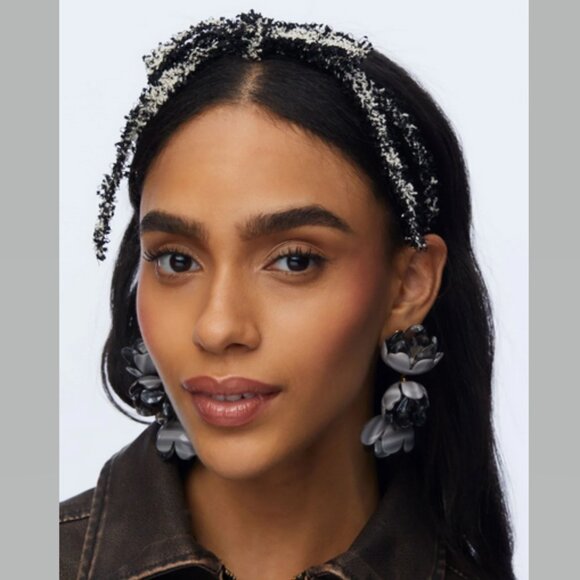 Lele Sadoughi Tweed Bardot Ribbon Headband Slim in Jet NWT - Picture 3 of 14